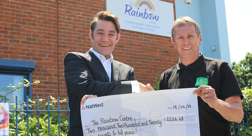 L&S Waste - Charity In the Community - L&S Waste presents cheque by Steve Kew to Rainbow Centre Charity James Mudie