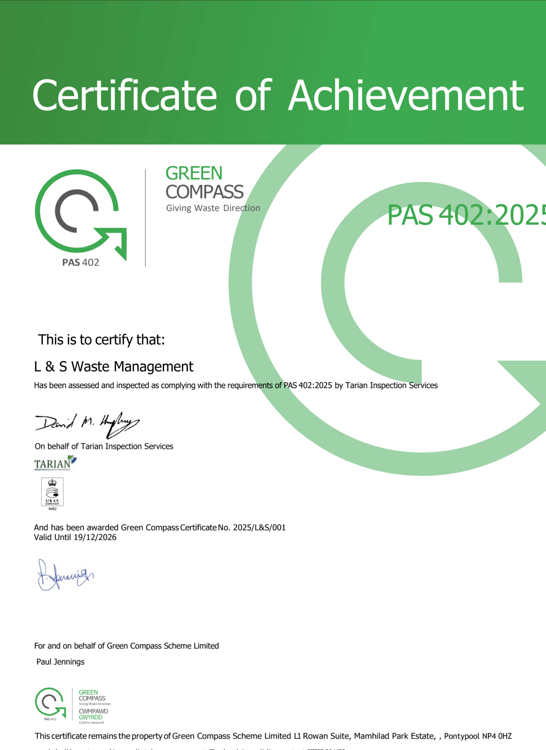 L&S Waste Management has achieved PAS 402 Accreditation L&S Waste Management